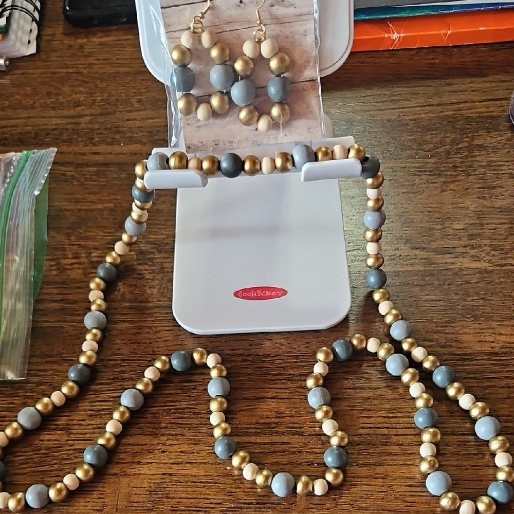 Handmade Chic Gold and Bluish/gray Wood Beaded Necklace Set